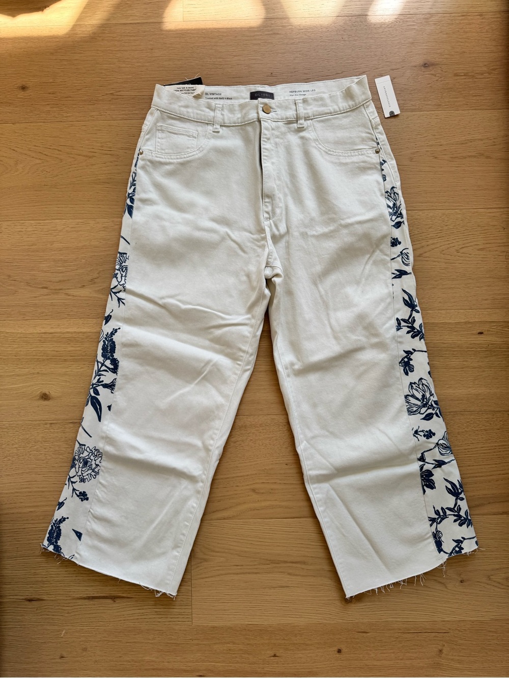 DL1961 White Jeans with Blue Floral Side Panels